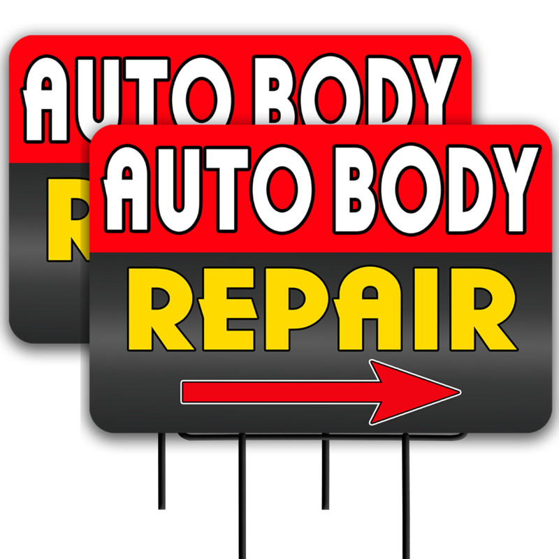 Auto Body Repair 2 Pack Double-Sided Yard Signs 16" x 24" with Metal Stakes (Made in Texas)