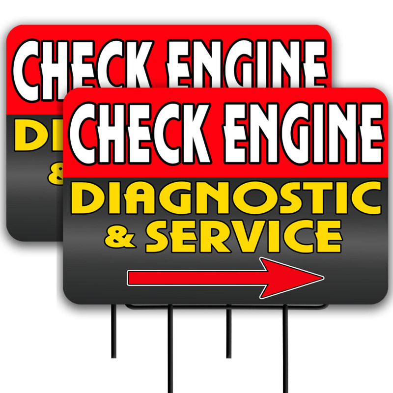 Check Engine Diagnostic Service 2 Pack Double-Sided Yard Signs 16" x 24" with Metal Stakes (Made in Texas)