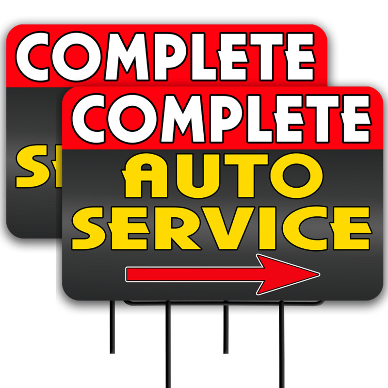 Complete Auto Service 2 Pack Double-Sided Yard Signs 16" x 24" with Metal Stakes (Made in Texas)