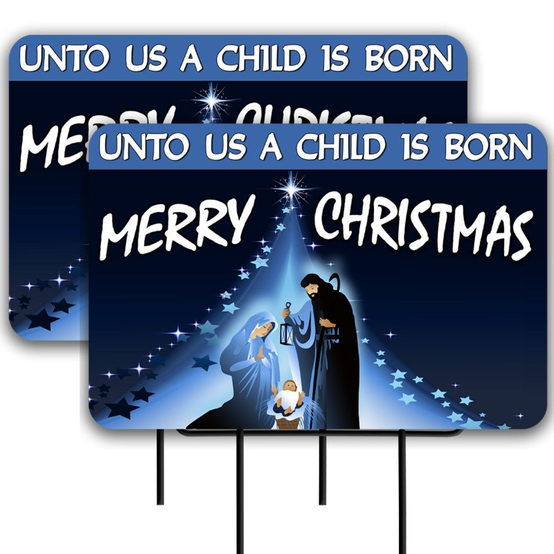 Merry Christmas - Unto Us 2 Pack Double-Sided Yard Signs 16" x 24" with Metal Stakes (Made in Texas)