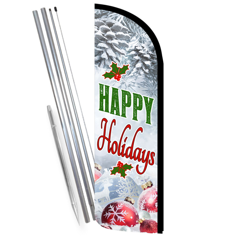 Happy Holidays Premium Windless Feather Flag Bundle (Complete Kit) OR Optional Replacement Flag Only