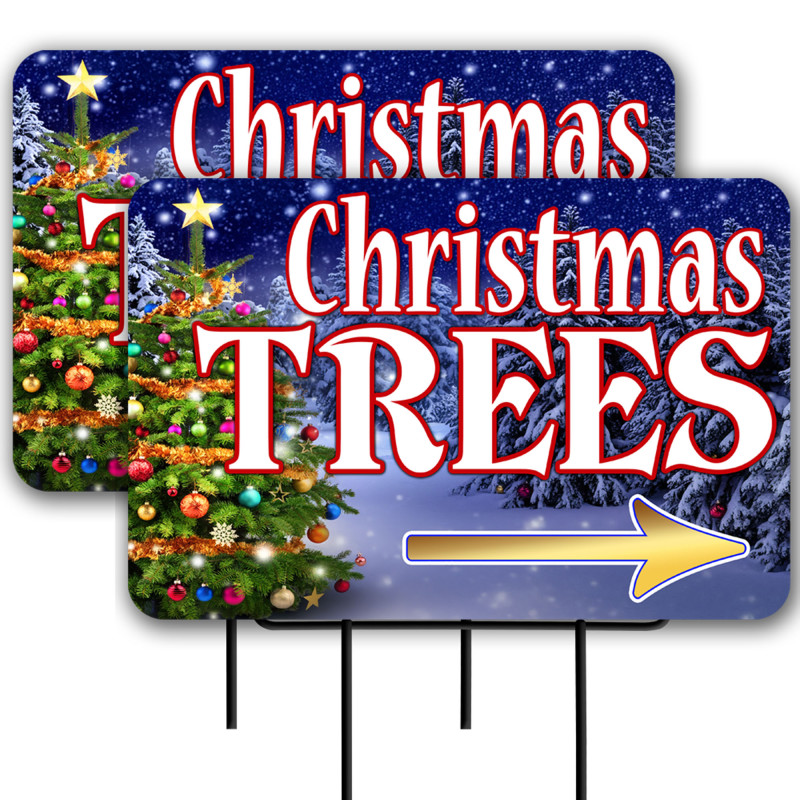 Christmas Trees 2 Pack Double-Sided Yard Signs 16" x 24" with Metal Stakes (Made in Texas)