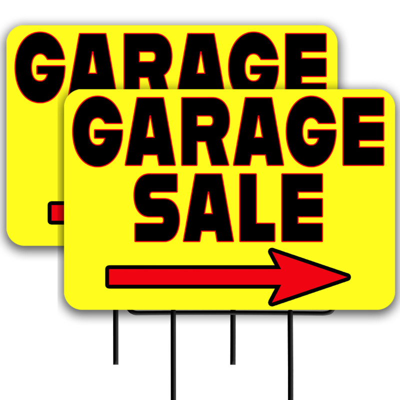 Garage Sale - Yellow 2 Pack Double-Sided Yard Signs 16" x 24" with Metal Stakes (Made in Texas)