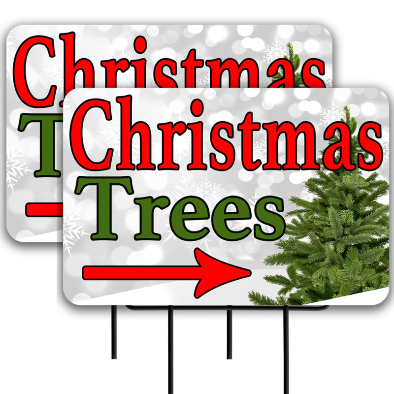 Christmas Trees - White 2 Pack Double-Sided Yard Signs 16" x 24" with Metal Stakes (Made in Texas)