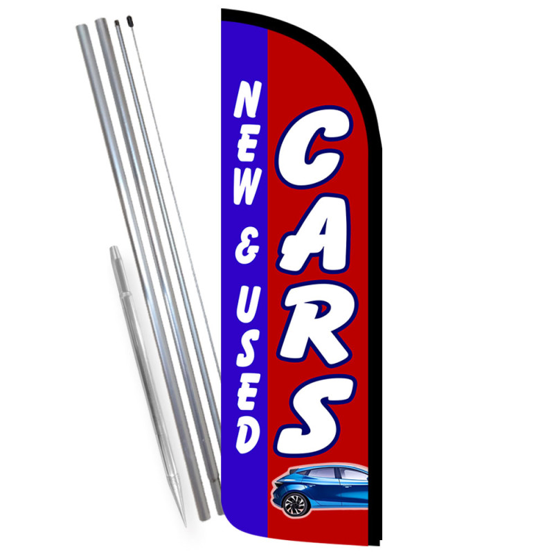 New & Used Cars Premium Windless Feather Flag Bundle (Complete Kit) OR Optional Replacement Flag Only