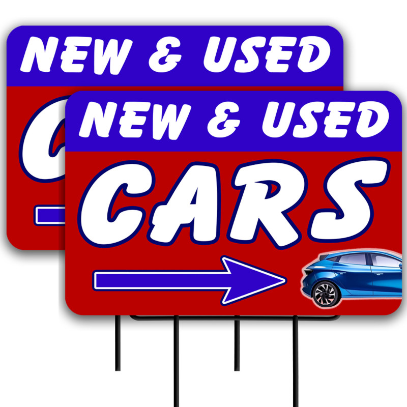 New & Used Cars  2 Pack Double-Sided Yard Signs 16" x 24" with Metal Stakes (Made in Texas)