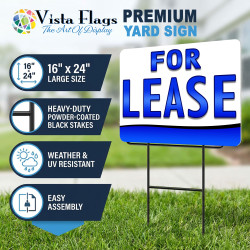For Lease - Blue 2 Pack Double-Sided Yard Signs 16" x 24" with Metal Stakes (Made in Texas)