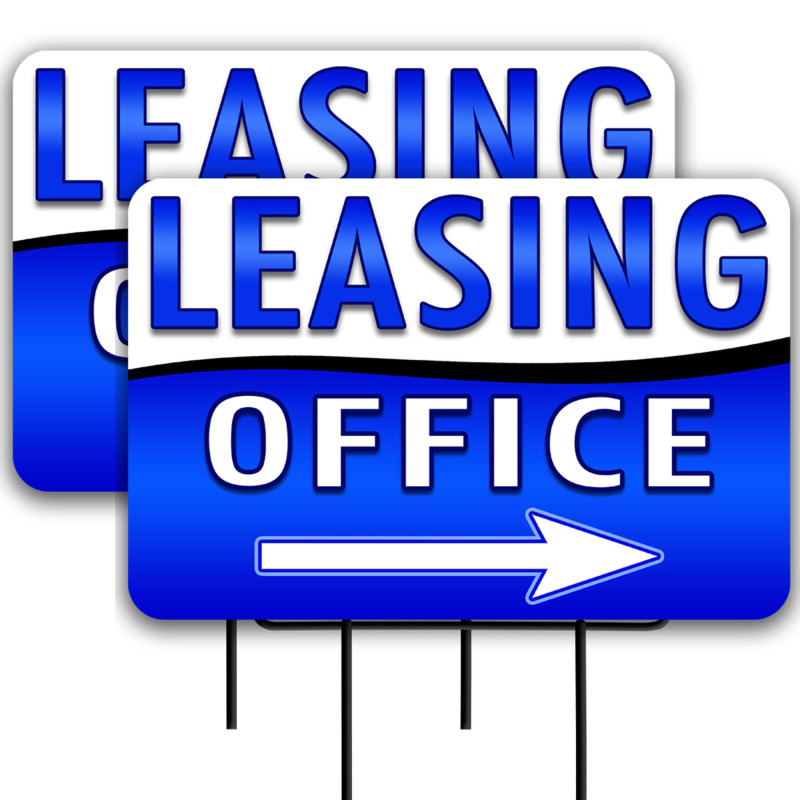 Leasing Office - Blue 2 Pack Double-Sided Yard Signs 16" x 24" with Metal Stakes (Made in Texas)
