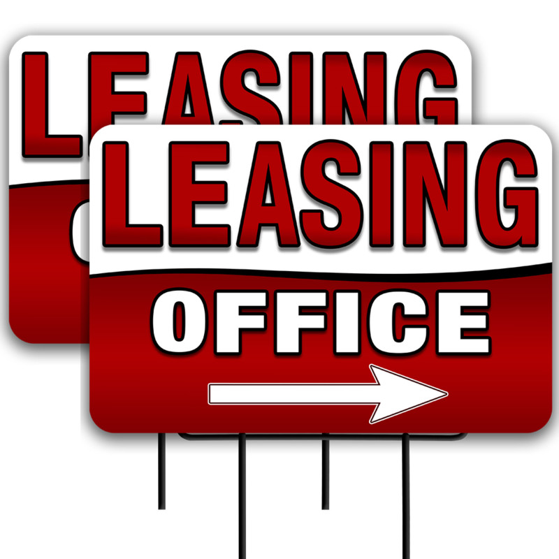 Leasing Office - Red 2 Pack Double-Sided Yard Signs 16" x 24" with Metal Stakes (Made in Texas)