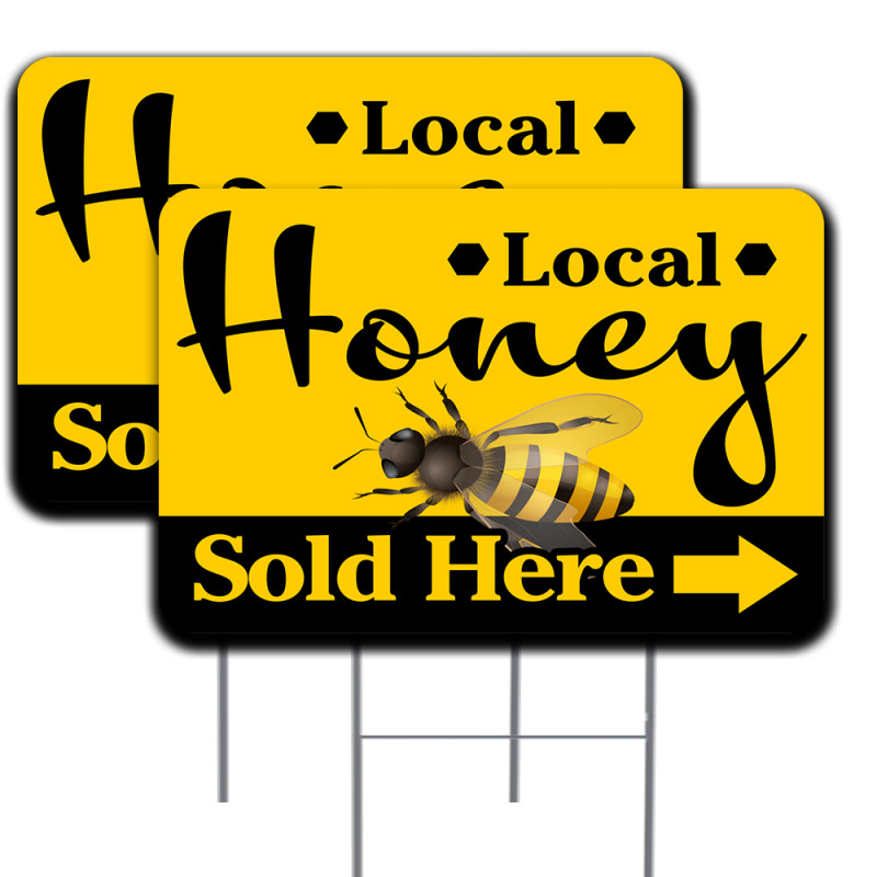 2 Pack Local Honey (Arrow) Yard Sign 16" x 24" - Double-Sided Print, with Metal Stakes Made in The USA 841098175931