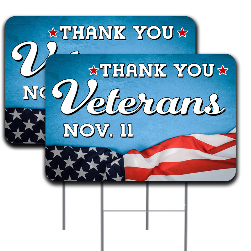 2 Pack Thank You Veterans (Veterans Day) Yard Sign 16" x 24" - Double-Sided Print, with Metal Stakes Made in The USA 84109817622