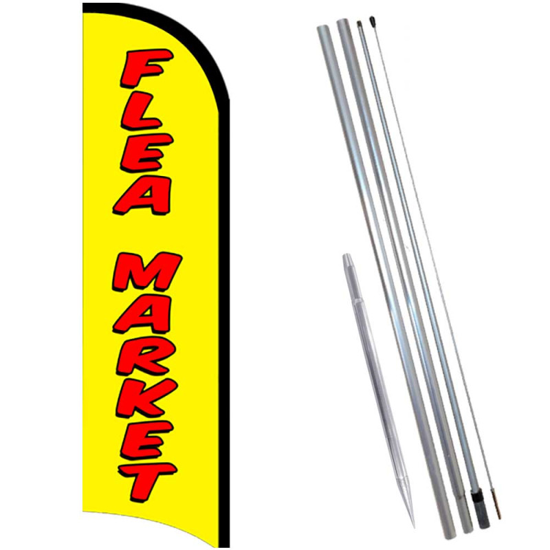 FLEA MARKET Windless Feather Flag Bundle (11.5' Tall Flag, 15' Tall Flagpole, Ground Mount Stake) 841098195649