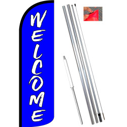 Welcome (Blue) Windless Feather Flag Bundle (11.5' Tall Flag, 15' Tall Flagpole, Ground Mount Stake) 841098196738