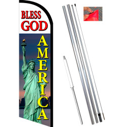 BLESS GOD AMERICA Premium Windless Feather Flag Bundle (11.5' Tall Flag, 15' Tall Flagpole, Ground Mount Stake)