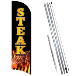 Steak Premium Windless Feather Flag Bundle (11.5' Tall Flag, 15' Tall Flagpole, Ground Mount Stake)