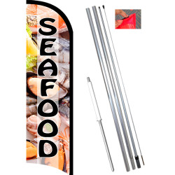 Seafood Premium Windless Feather Flag Bundle (11.5' Tall Flag, 15' Tall Flagpole, Ground Mount Stake) 841098196943
