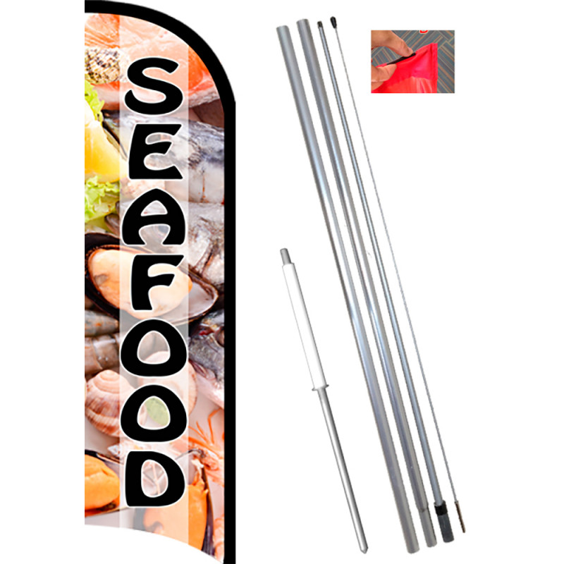 MARISCOS SEAFOOD Banner Flag and Pole Windless Feather 2.5 wide Swooper Y D BLUE 