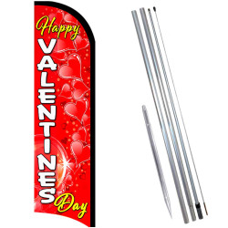 Happy Valentines Day Premium Windless Feather Flag Bundle (11.5' Tall Flag, 15' Tall Flagpole, Ground Mount Stake)