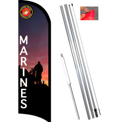 Marines Premium Windless Feather Flag Bundle (11.5' Tall Flag, 15' Tall Flagpole, Ground Mount Stake)