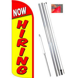 Now Hiring (Yellow) Windless Feather Flag Bundle (11.5' Tall Flag, 15' Tall Flagpole, Ground Mount Stake) 841098198350