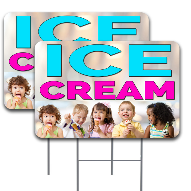 2 Pack Ice Cream Yard Sign 16" x 24" - Double-Sided Print, with Metal Stakes 841098199777