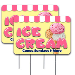 2 Pack ICE Cream Yard Sign 16" x 24" - Double-Sided Print, with Metal Stakes 841098199968